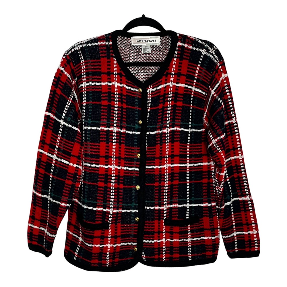 Crystal Kobe Womens Red Plaid‎ Button Front Cardigan Sweater Gold Buttons Size M